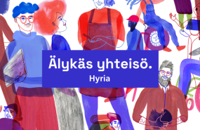 Vesivärityylinen piirroskuva, jossa kuvattuna eri alojen ammattilaisia. Keskellä laatikko, jossa lukee "Älykäs yhteisö. Hyria."