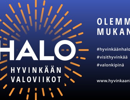 HALO 21 -valotapapahtuman banneri. Teksti: Halo Hyvinkään valoviikot. Olemme mukana.