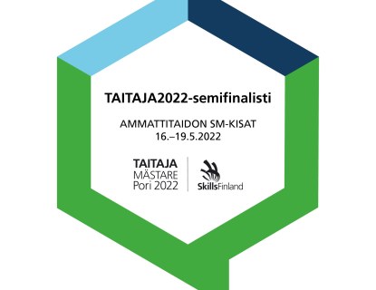 Taitaja2022-semifinalistien puhekuplatunnus, jossa lukee "Ammattitaidon SM-kisat 16.-19.5.2022." Tunnuksessa Taitaja-organisaation logo ja Sills Finland -logo