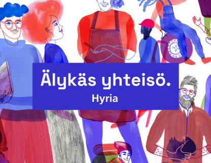 Vesivärityylinen piirroskuva, jossa kuvattuna eri alojen ammattilaisia. Keskellä laatikko, jossa lukee "Älykäs yhteisö. Hyria."