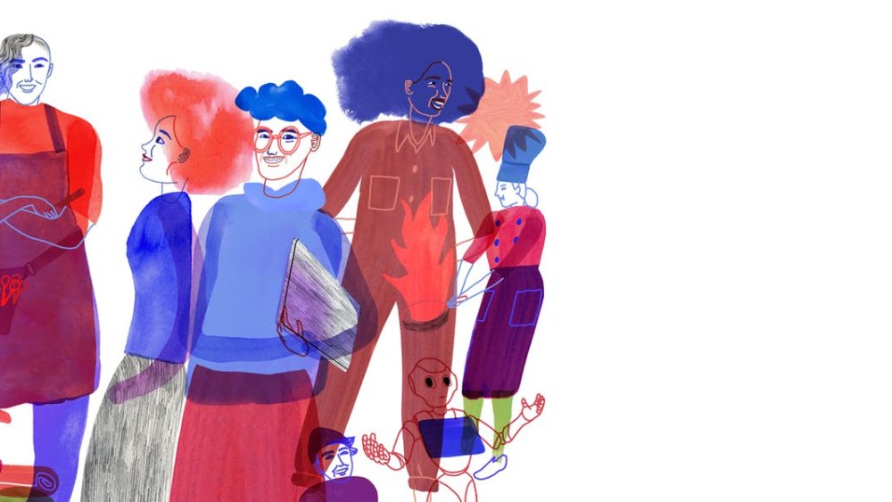 Vesivärimaalaustyylisesti piirrettyjä ihmishahmoja erilaisissa työasuissa