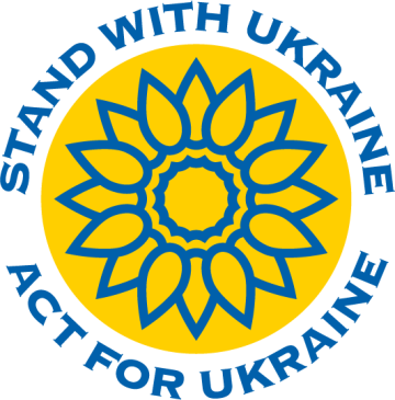Ukrainaa tukevan yhteisön tunnus, jossa keskellä auringonkukkasymboli ja ympärillä teksti stand with ukraine act for ukraine