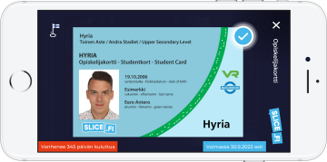 Hyrian digitaalinen opiskelijakortti kännykän näytöllä